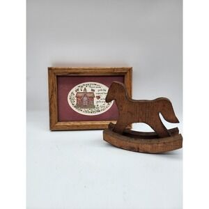 Vintage Creative Calligraphy Framed Teacher Poem & Wooden Rocking Horse Lot 2pc
